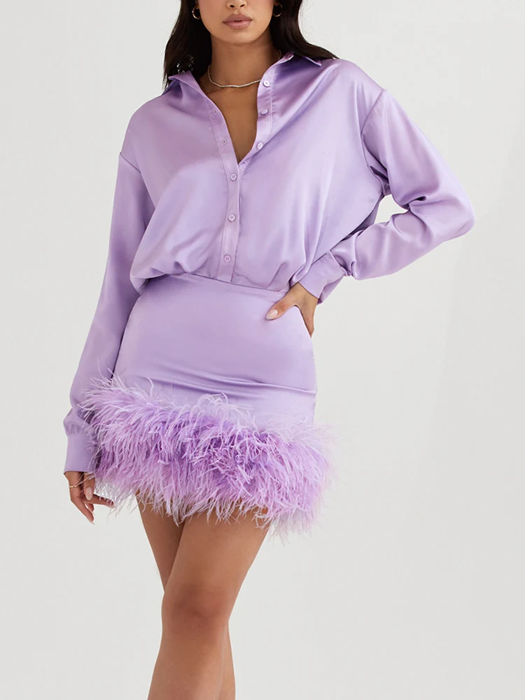 

High Quality Autumn Sexy Satin Mini Shirt Dress for Women 2022 Elegant Feather Patchwork Slim Long Sleeve Club Night Party Dress