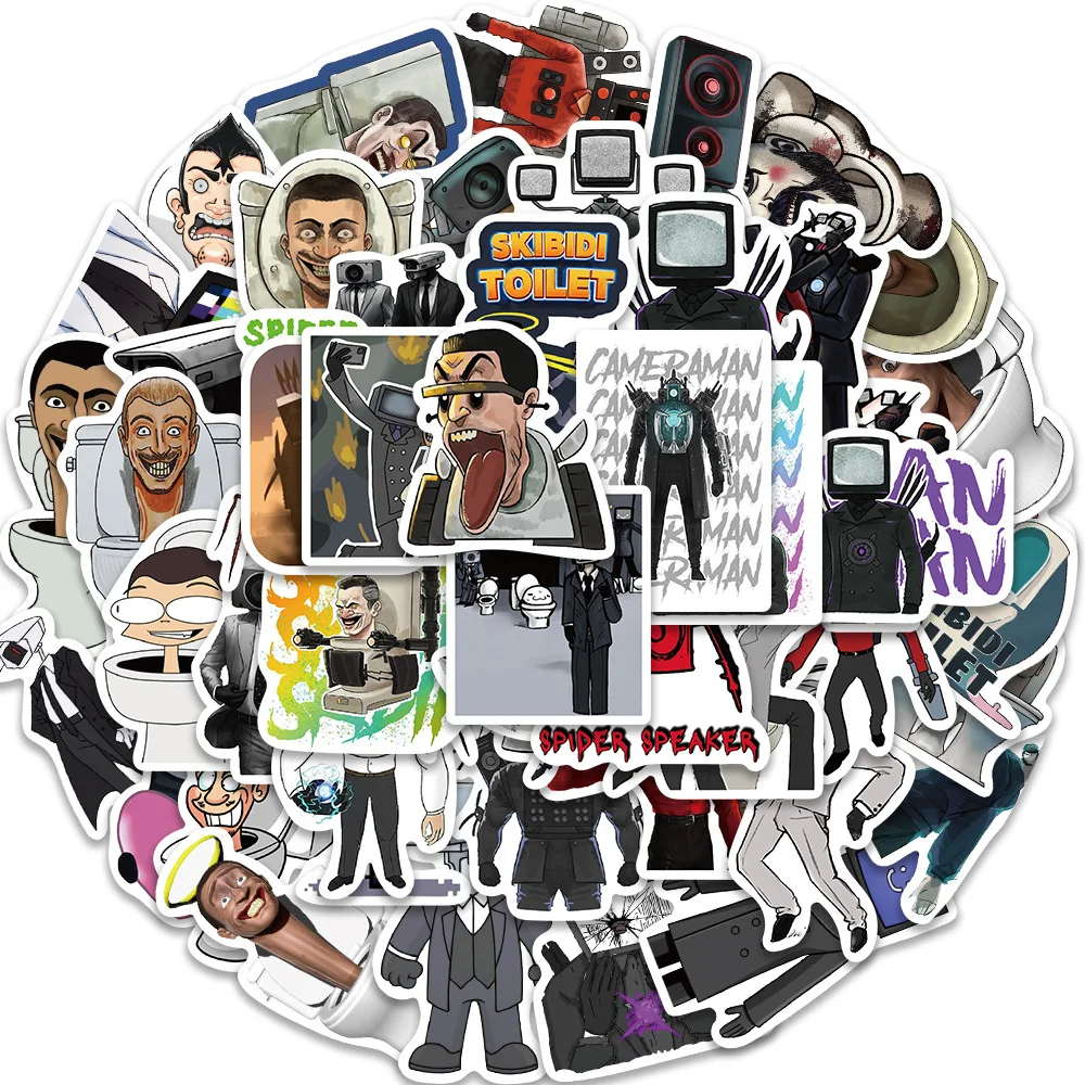 

Забавные аниме Стикеры для туалета Skibidi, 10/30/50 шт., Дорожный чемодан, гитара, ноутбук, водонепроницаемые классические детские игрушки, крутая наклейка, подарок для игры