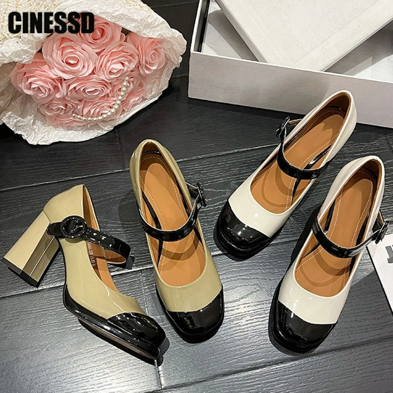 

Женские классические туфли мэри джейн разных цветов, винтажные женские туфли-лодочки с ремешком и пряжкой на квадратном каблуке, новинка 2023