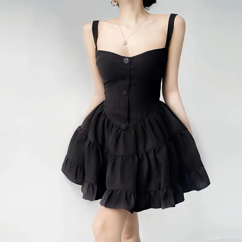 

2023 Gothic Lolita Dolly Black Corset Dress Women Y2k Aesthetic Korean Fashion Ruffle High Waist Tunic Slip Solid Dresses Summer