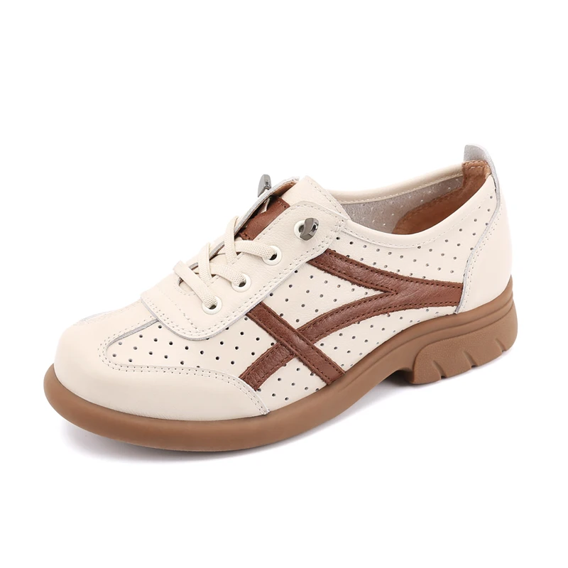 Spring British Small Leather Shoes women's Soft Leather Lace-up Single Sports Wind Hollow Breathable Casual Shoes Flat Large Siz