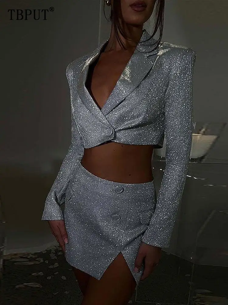 

Sparkling short blazer jacket set women glitter fashion split mini skirt suit new autumn lady cocktail party club evening outfit