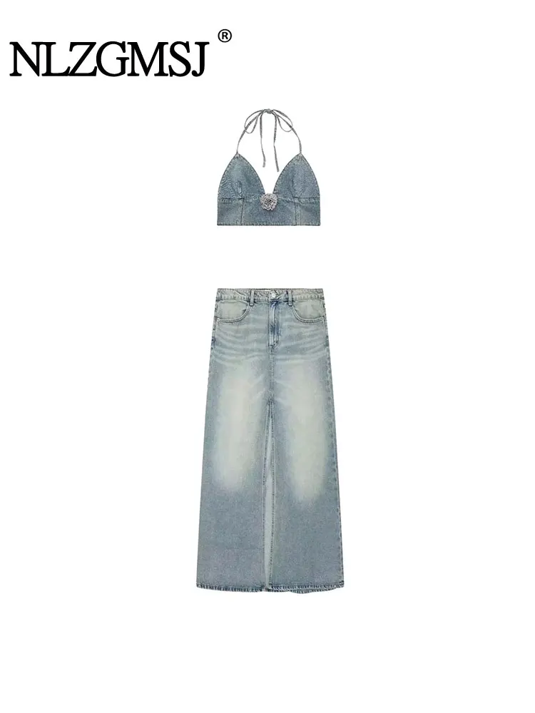 

Nlzgmsj TRAF 2023 Hanging Neck Collar Sleeveless Sexy Camis Woman Minimalist Style Slit Midi Skirt 2 Piece Sets Women