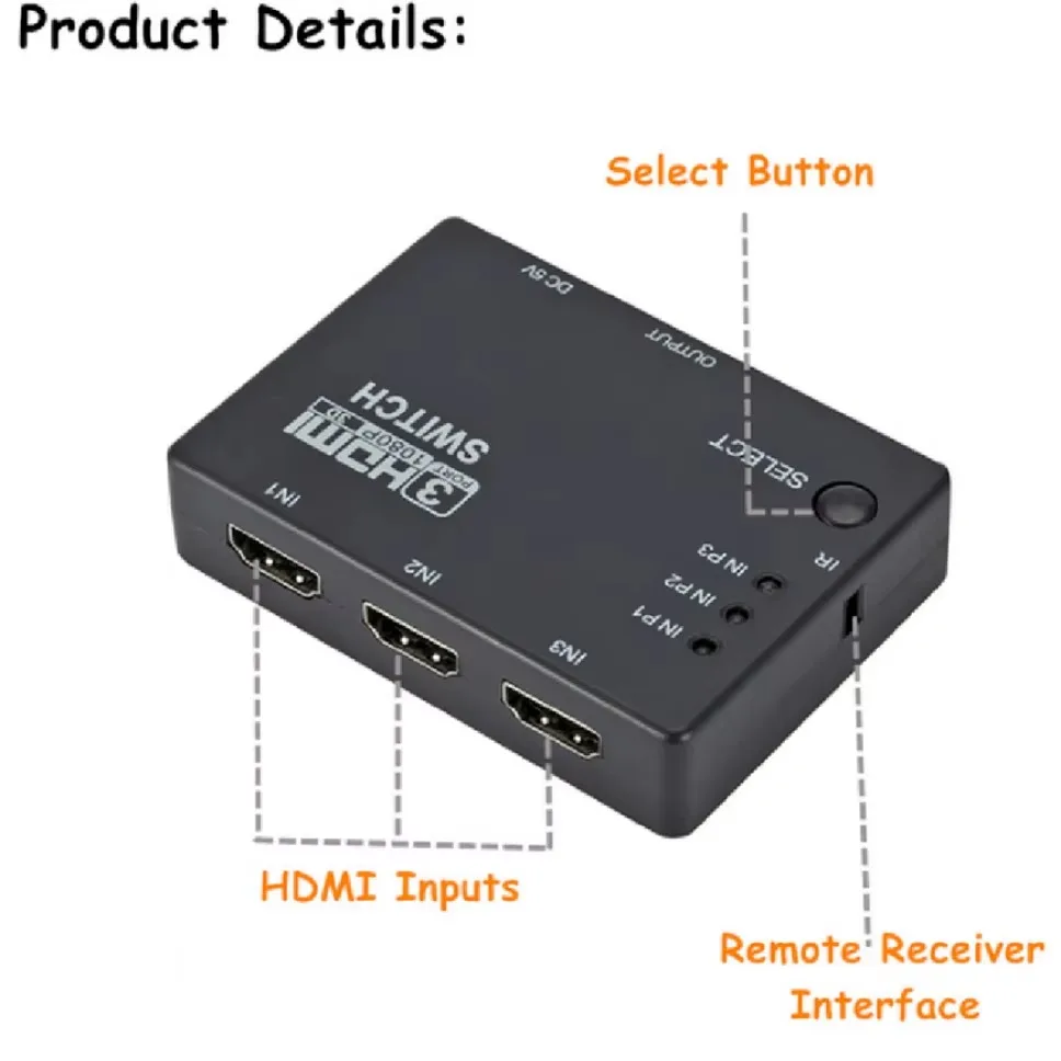 3x1 HDMI Switcher KVM Switches 1080P Switch Adapter 3 Input 1 Output Hub for Xbox PS4 DVD HDTV PC Laptop TV