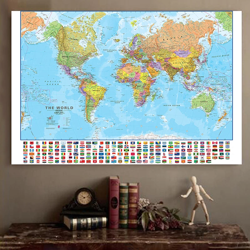 

140*100cm The World Political Map with National Flags Large Non-woven Canvas Painting Wall Art Poster Home Decor School Supplies