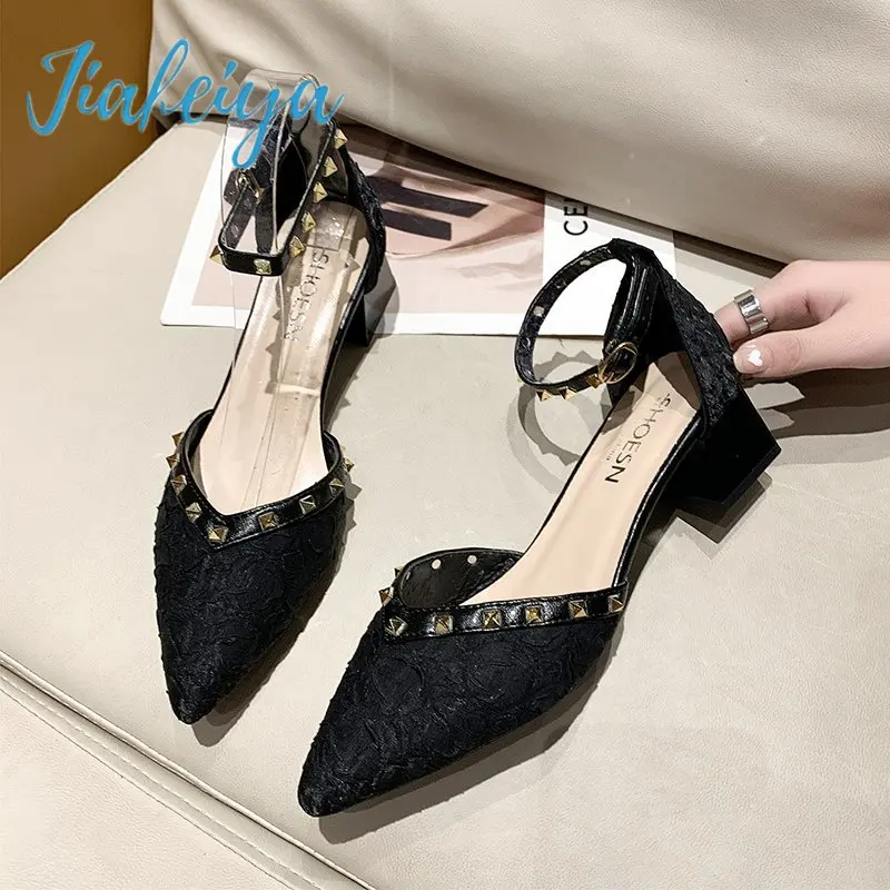 

2022 Women's New Style with Heel Shoes Comfortable Square Root Pointed Toe Metal Decoration Ladies High Heels