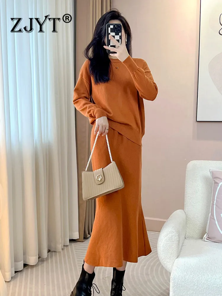 

ZJYT Autumn Winter Knitted Dress Set 2 Piece for Women Elegant Long Sleeve Pullover Sweater and Midi Skirt Suit Casual Outfits