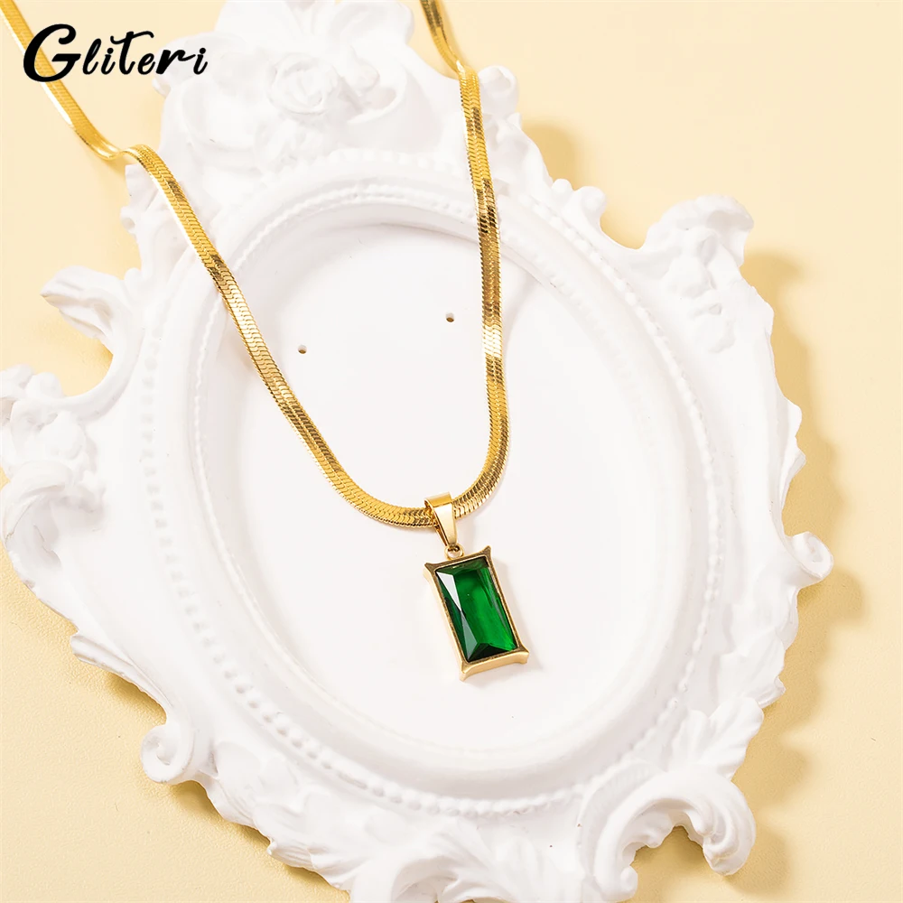 

GEITERI Vintage Square Emerald Zircon Necklaces For Women Girls Gold Color Titanium Steel Snake Chain Choker Charm Jewelry Gifts