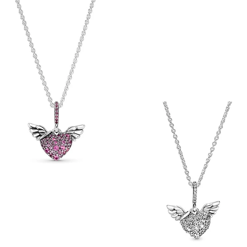 

Authentic 925 Sterling Silver Moments Heart & Angel Wings With Crystal Necklace For Women Bead Charm Diy Fashion Jewelry