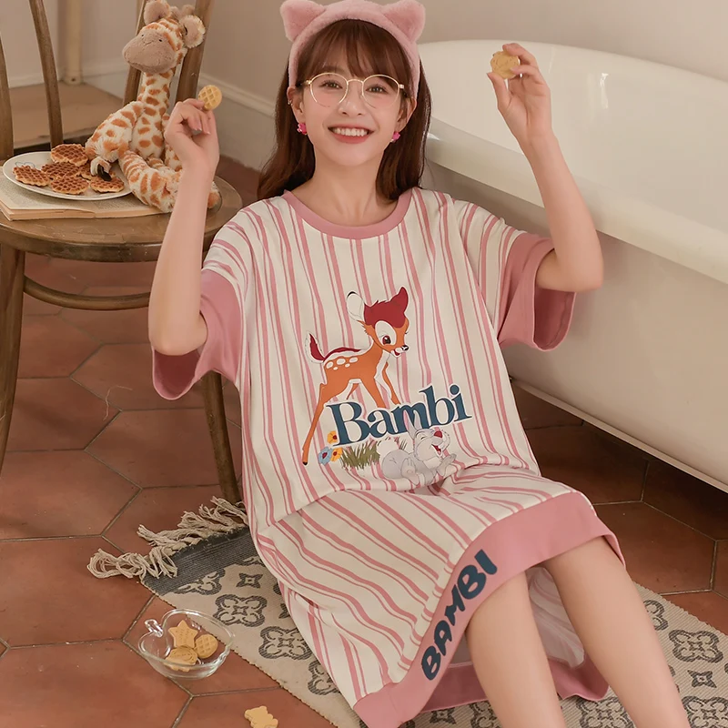 Disney Bambi Deer Ladies Cute Kawaii Cotton Night Dress Ladies O-neck Nightgown Nightdress Home Sleepwear Nightwear Summer 2022