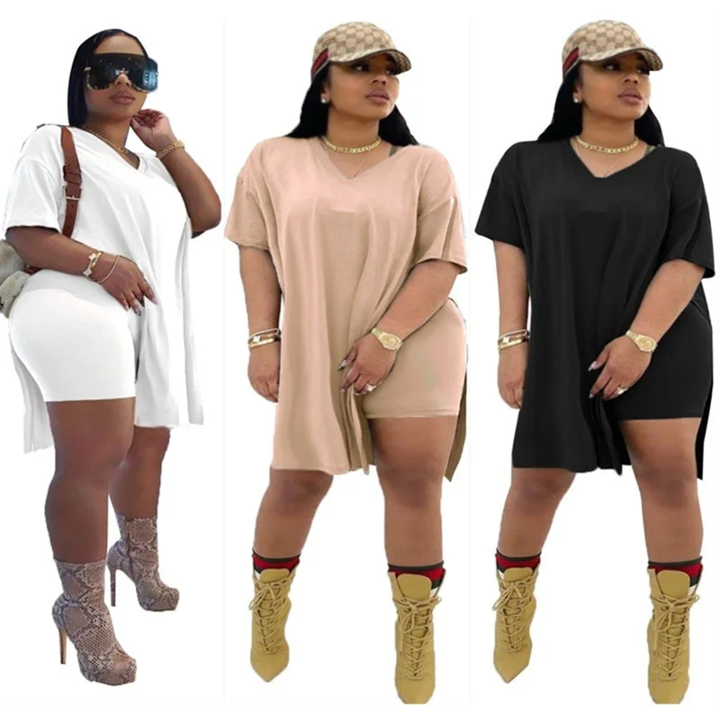 Plus Size Women Clothing Two Piece Set 4xl Summer Wholesale Dropshipping Slip Hemtop Shorts Suit Casual Track 3xl 4xl 5xl 6xl