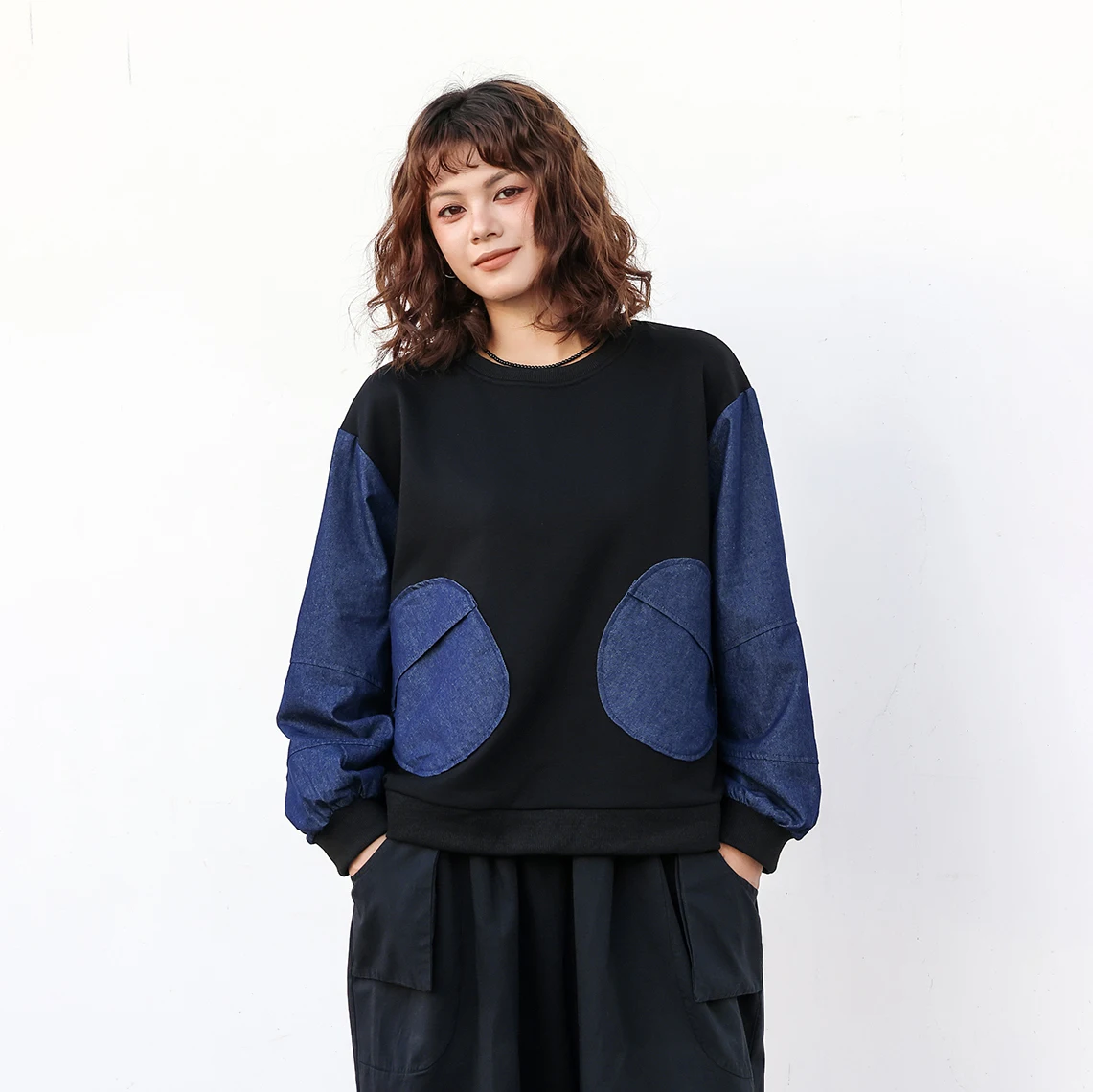 241019 Осенняя новая модная тенденция круглый вырез контрастный цвет лоскутная