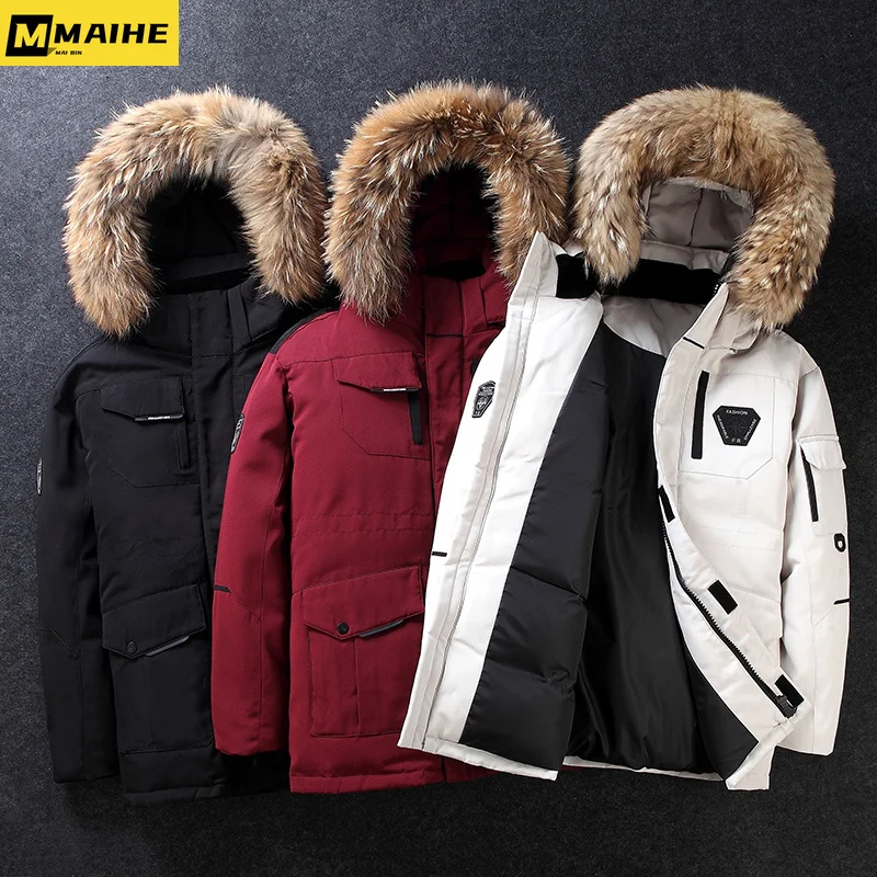 -30 Degree Winter Down Jacket Men Down Cotton Parkas Coat Mid-length Large Fur Collar Male Thicken Coat Snow Overcoat Parkas