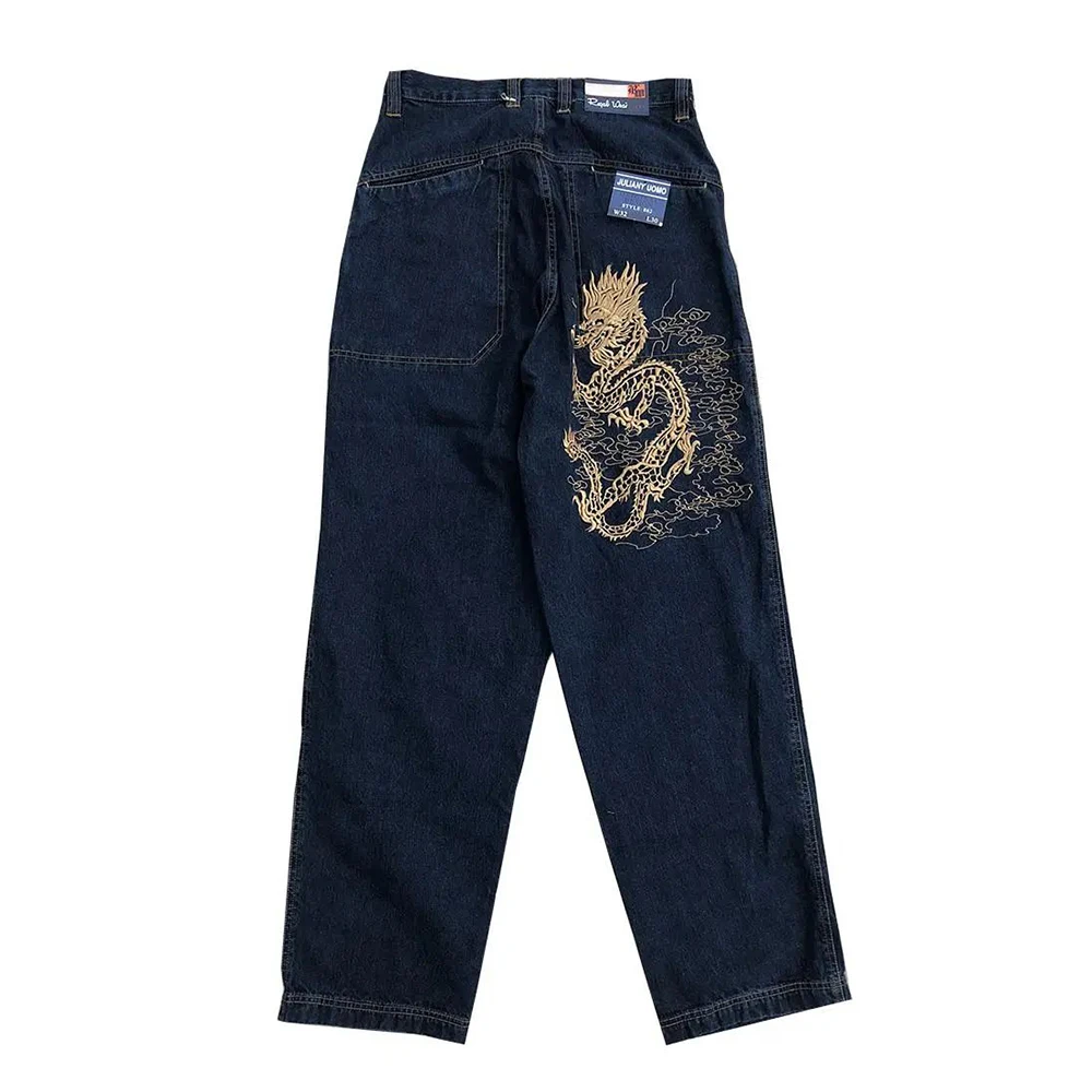 American Hip-hop Skateboard Retro Mopping Jeans Men's Street Hip-hop Dragon Totem Straight-leg Pants Bboy Loose Trousers