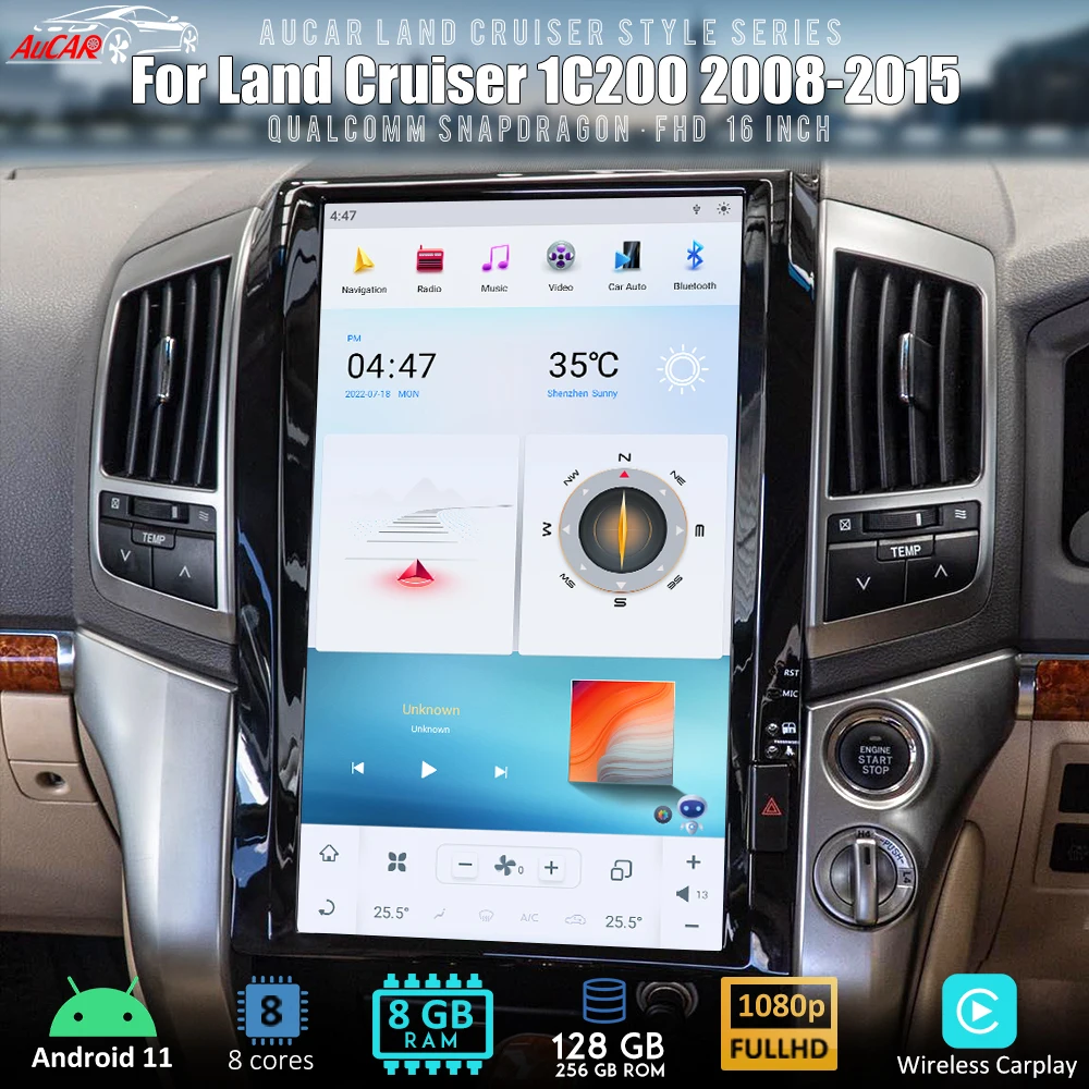 

Головное устройство AuCar Tesla Style Android для Land Cruiser LC 200 2007-2015 GPS Navi 1920*1080 16 дюймов Android 11