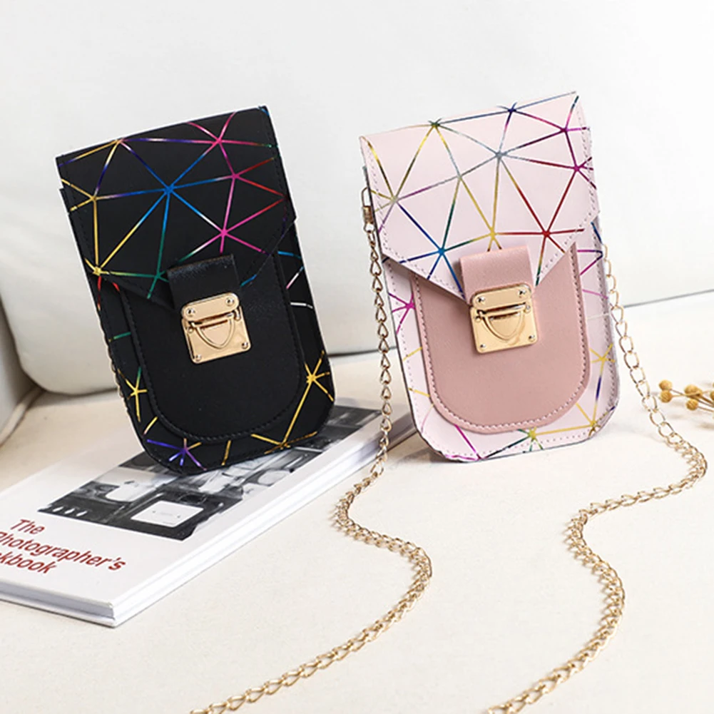 

Universal PU Leather Cell Phone Bag For Women Gold Chain Crossbody Bag Female Small Squre Shoulder Bag Lock Purses
