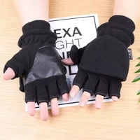 women men winter polar fleece half finger flip gloves double layer thicken touch screen fingerless convertible mittens wrist
