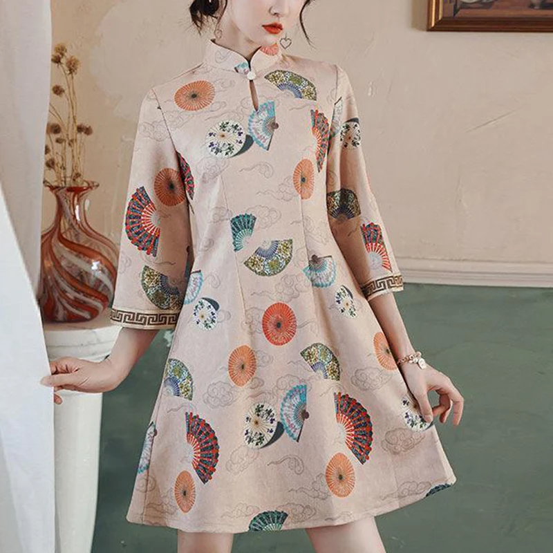 Женское винтажное платье-трапеция в китайском стиле