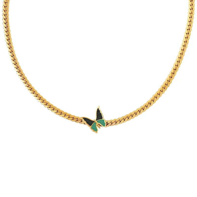 

Minar Fairy Green Enamel Butterfly Choker Necklace for Women 18K Gold Plated Titanium Steel Snake Chain Herringbone Necklaces