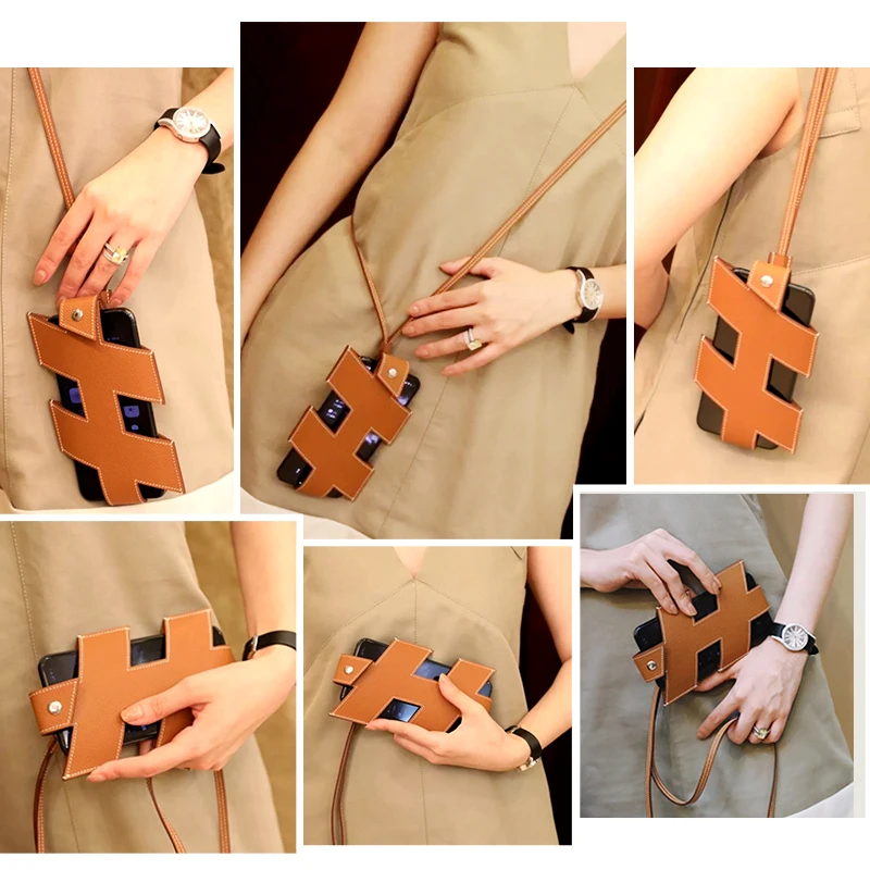 H home new mobile phone bag hand-stitched wax thread wild halterneck vertical palm print cowhide one-shoulder cross-back small b