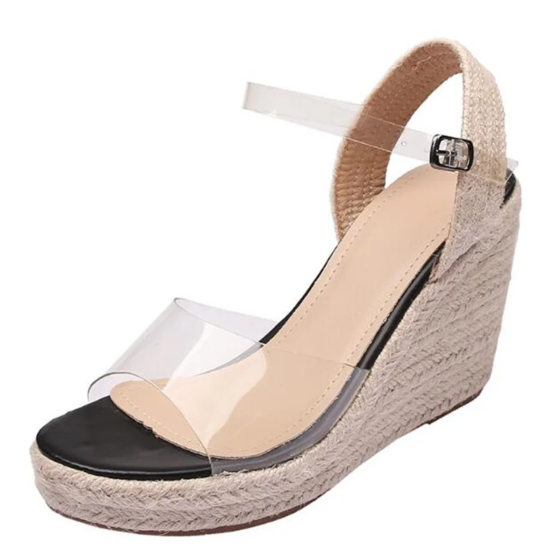 

Сандалии женские на платформе и высоком каблуке, прозрачные босоножки из ПВХ на танкетке с открытым носком, соломенная плетеная подошва из ...