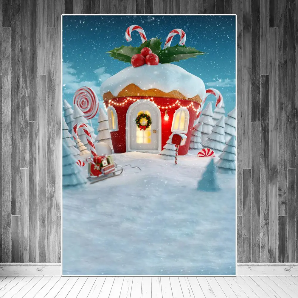 

Christmas Cake Cabin Sleigh Lollipops Crutch Forest Photography Backdrops Custom Baby Party Decoration Photographic Backgrounds