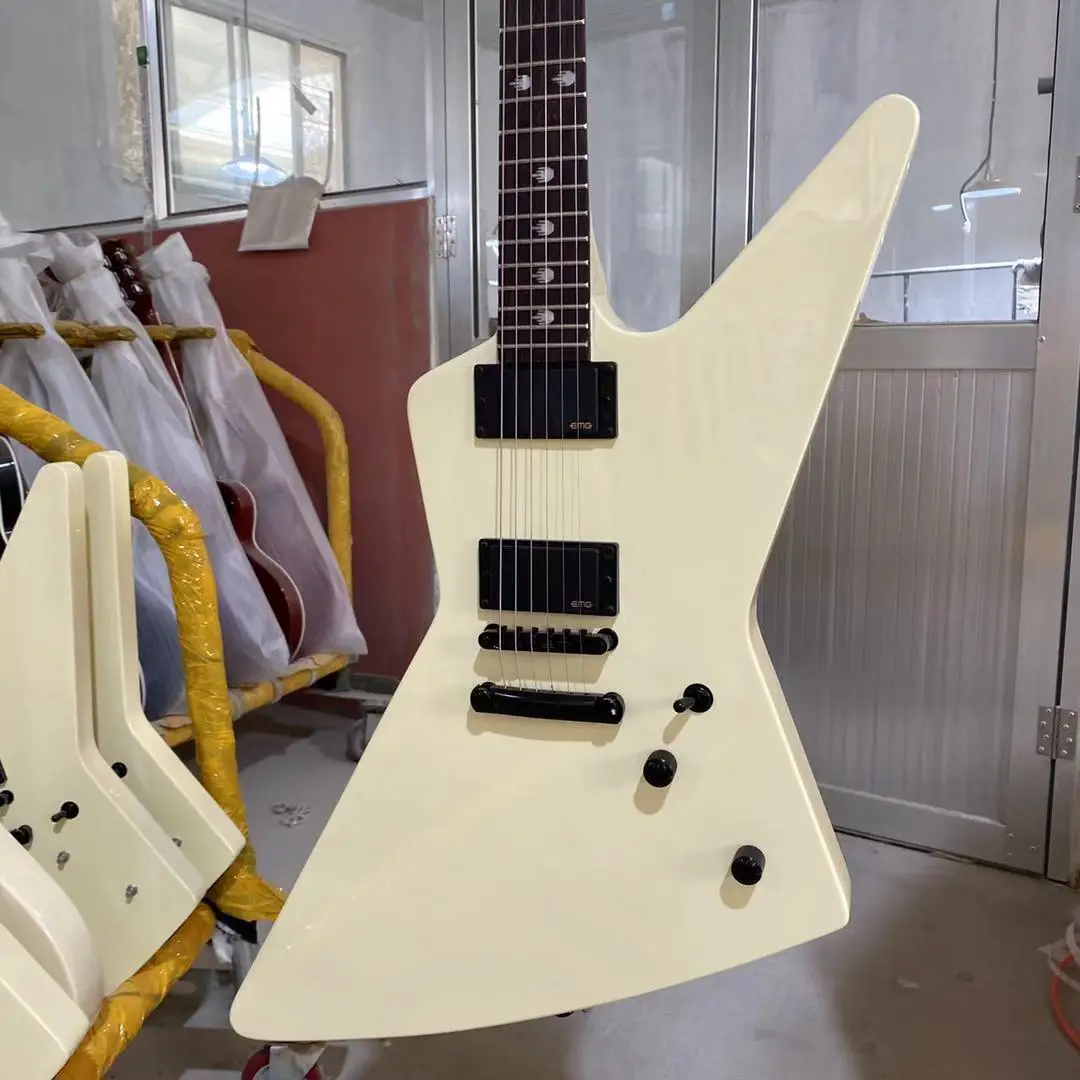 

White Explorer Electric Guitar Inlay EMG Pickups Black Hardware Body