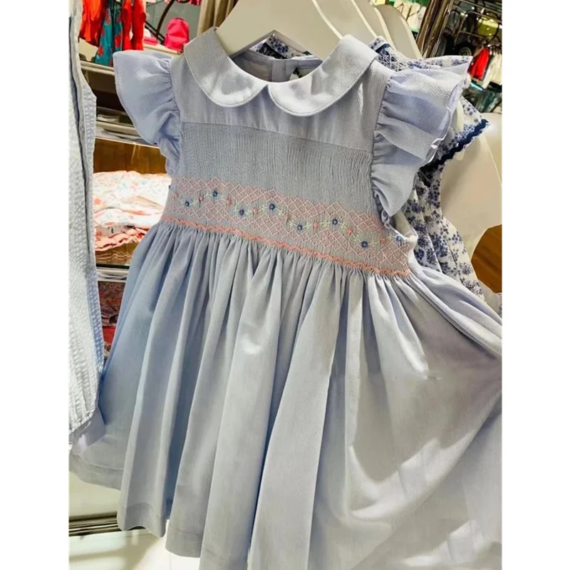 

2023 Spanish Summer Dress for Baby Girls Kids Smocked Hand Made Embroidery Blue Dresses Children Boutique Design Smocking Frocks