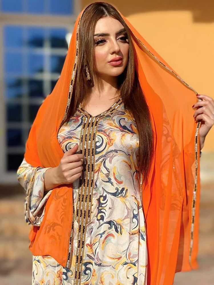 Женское арабское Платье с принтом Jalabiya, праздничное Вечернее Бальное Платье Дубая в арабском стиле, мусульманский кафтан, мусульманская аб...
