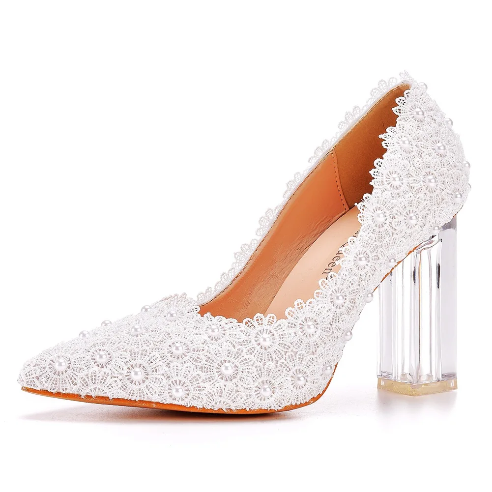 9cm High Heel Crystal Shoes Woman White Flower Wedding Bridals Shoe Ankle Strap Lace-Up High Shoes Sweet Party Shoe Size 35-43