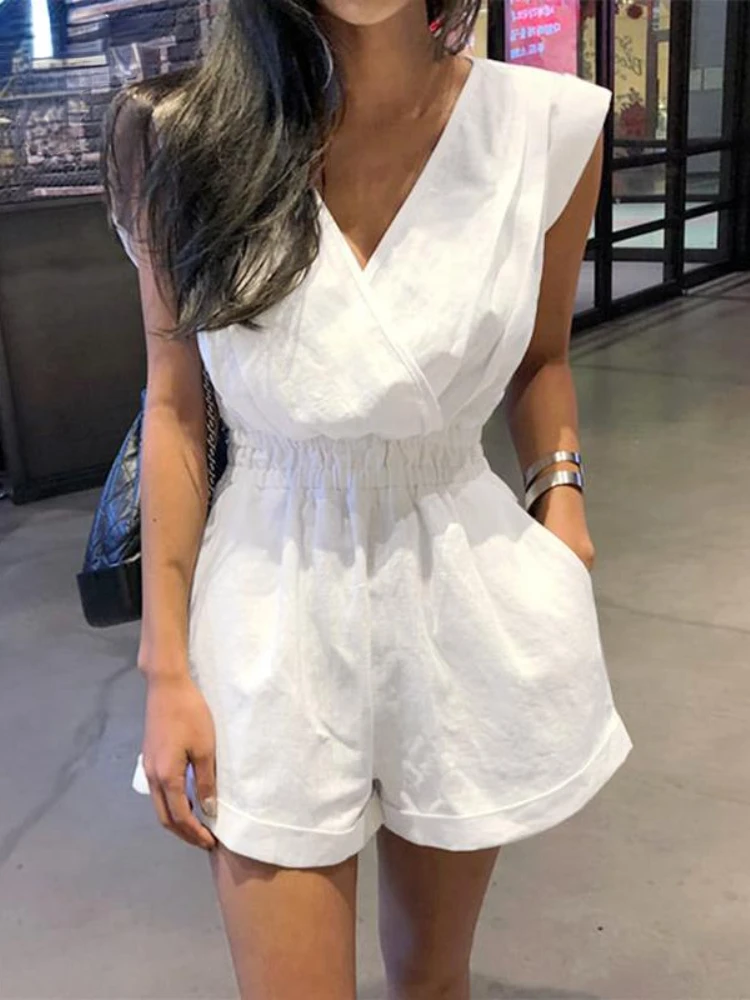 Summer Women Fashion  White Black Jumpsuit Women  V-neck Backless Sleeveless Casual Jumpsuit Street Style Solid  Women Clothing
