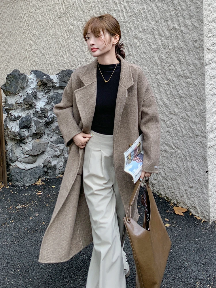 Oatmeal Long Suit Cashmere coat Women 2024 Winter New High-Grade Temperament Double-sided Woolen Jacket |