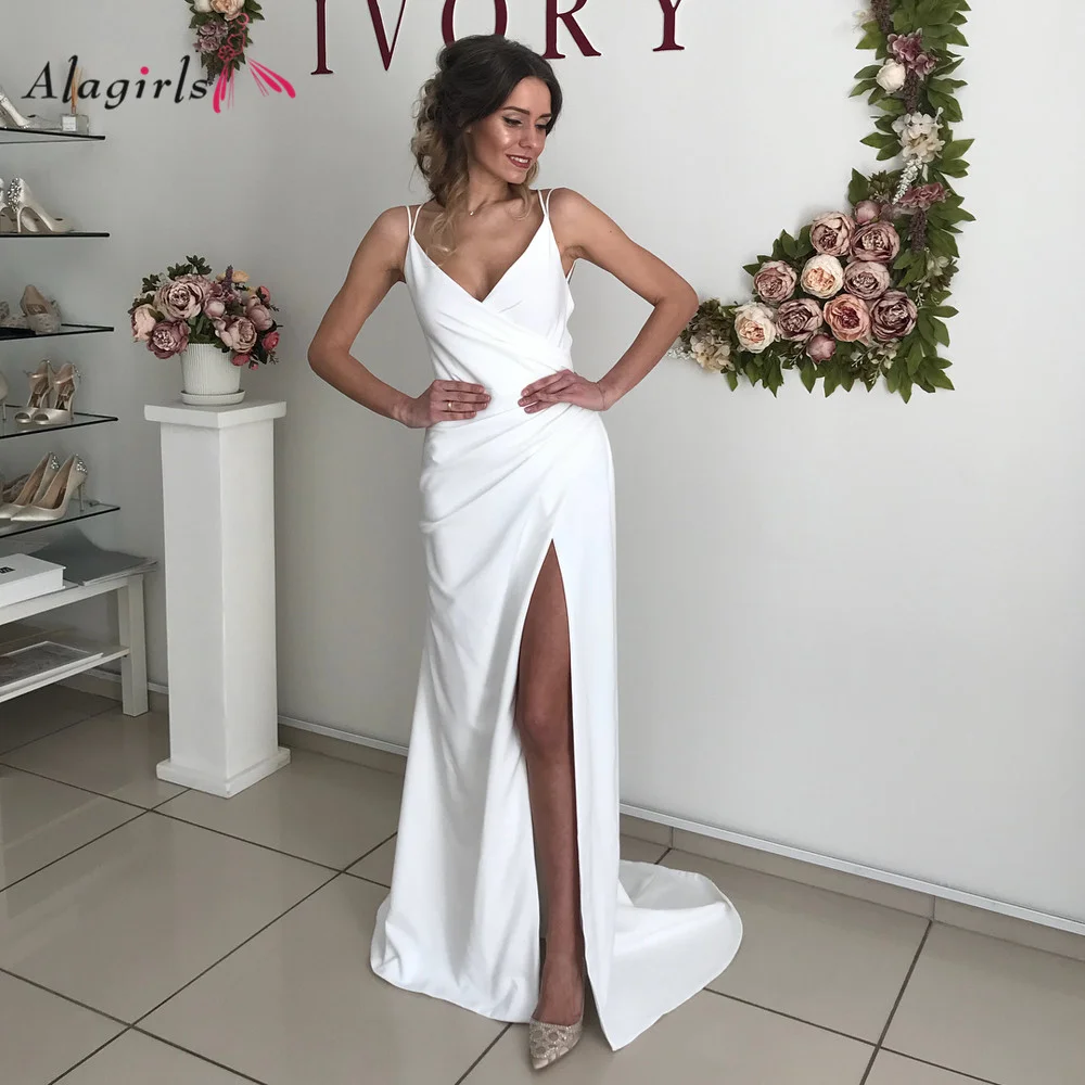 

Spaghetti Strap Bridal Gown Sheath Sleeveless Wedding Dress Satin Vestido De Noiva Criss-Cross Simple High Slit Robe De Mariée