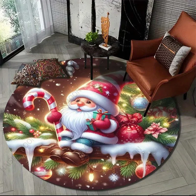 Gnome Christmas Print Round Carpet Suitable for Living Room Bedroom Flannel Non-slip Sofa Chair Creative Door Mat