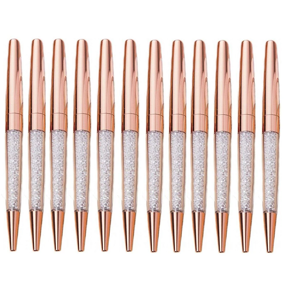 

50Pcs/Lot Rose Gold Bling Diamond Fine Black Ink Crystal Ballpoint Pen Ring Wedding Office Metal Roller Ball Gift Custom Logo