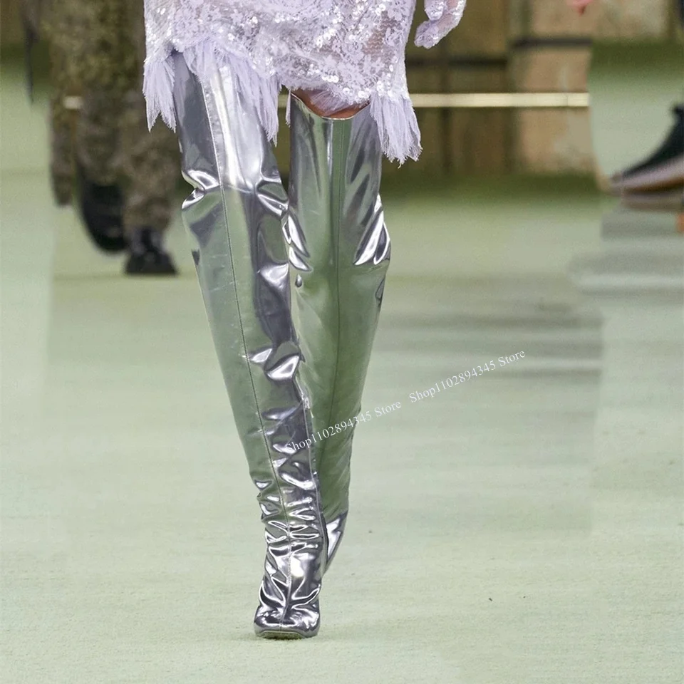 

Silver Over Knee High Boots Thick Heel Pointed Toe Fashionable Sexy 2023 Summer Casual Big Size Woman Shoes Zapatillas Mujer