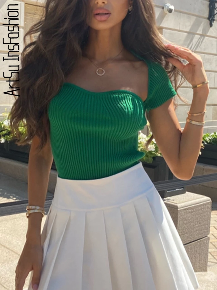

Green Knitted T-shirt Female Short Sleeve Crop Top Summer 2022 Casual Tops 90s Basic Tee Shirt Femme White Tshirts Clothes Black