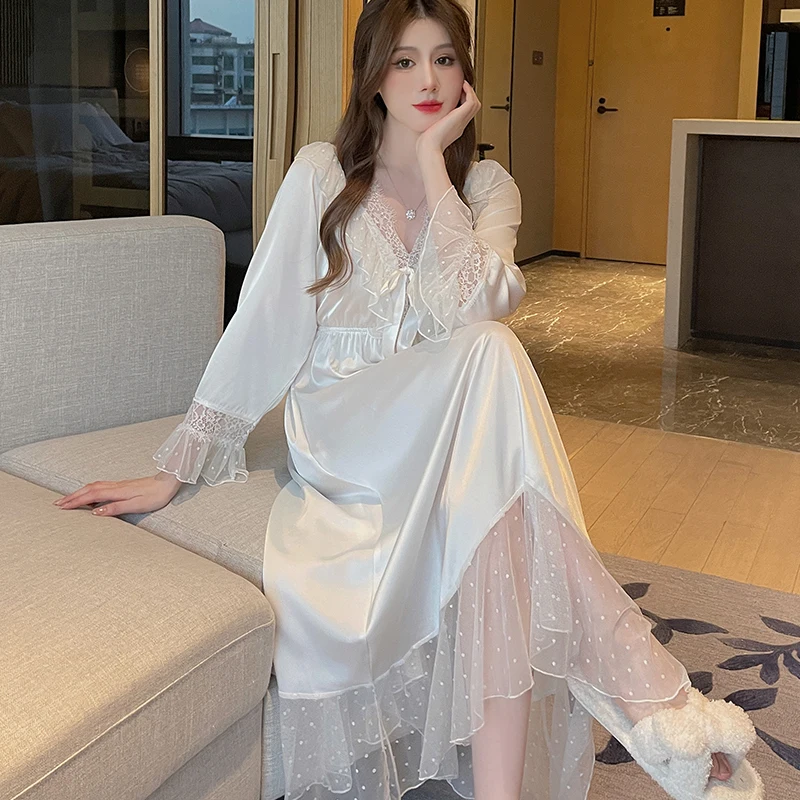 Sexy V Neck Summer Clothes Dresses Women Princess Satin Nightgown French Ruffle Lace Nightdress Silk Sleepwear Retro Long Sleeve