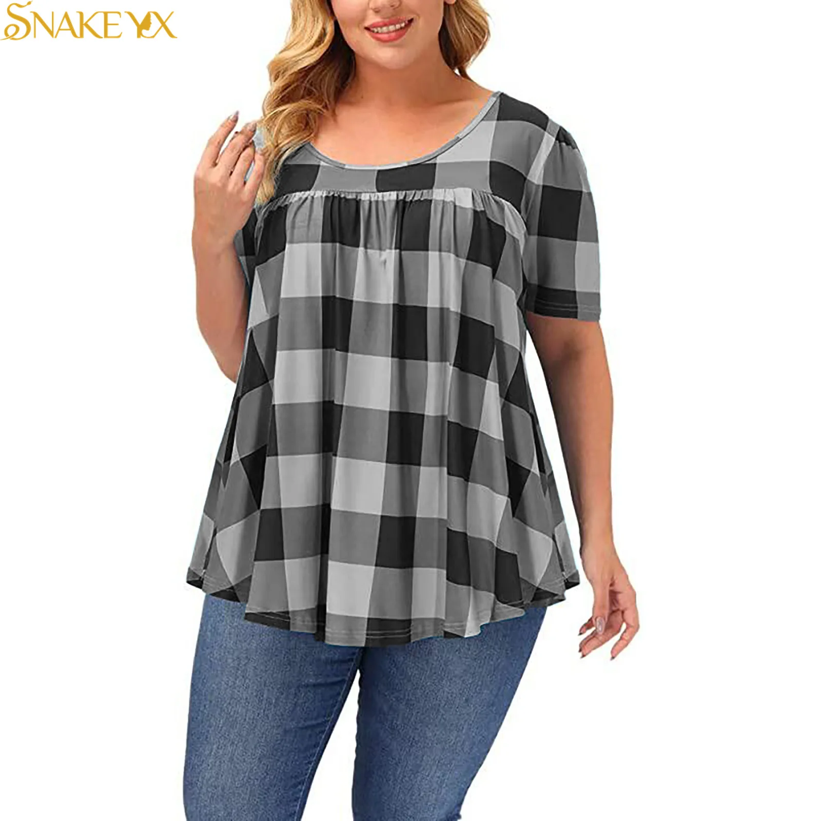 

SNAKE YX Summer Casual Round Neck Print Loose Women's Short-sleeved T-shirt Top Plus Size