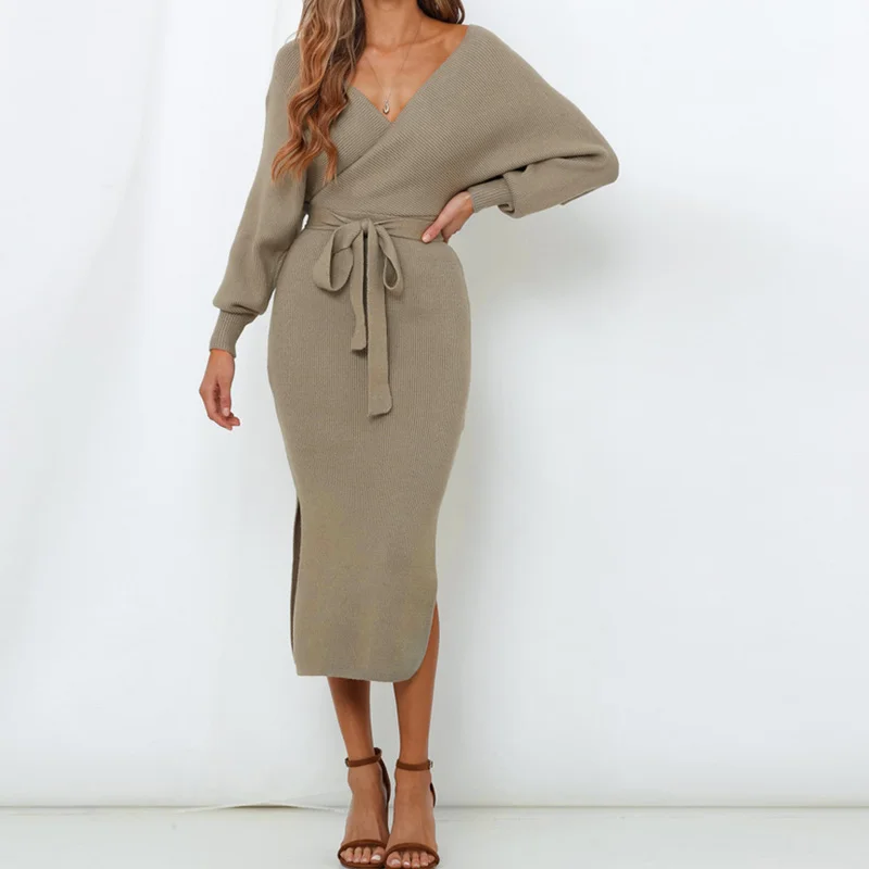 

Split Slim Winter Long Sleeve Solid Color Elegant Ladies Dresses Sexy Autumn V Neck Cross Sweater with Belt Knitted Women Dress