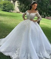 2022 princess ball gown wedding dresses o neck long sleeves vestido casamento lace up appliques beaded bride gowns suknie slubne