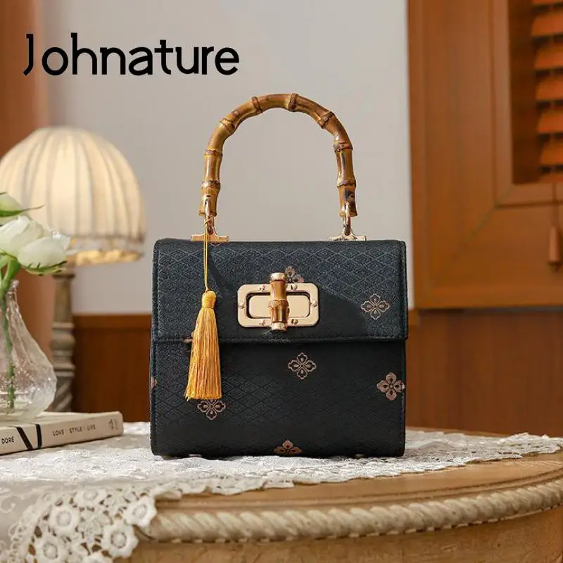 

Johnature Chinese Style Bamboo Handle Handbag 2022 New Antique Cheongsam Versatile Hasp Chain Shoulder & Crossbody Bags