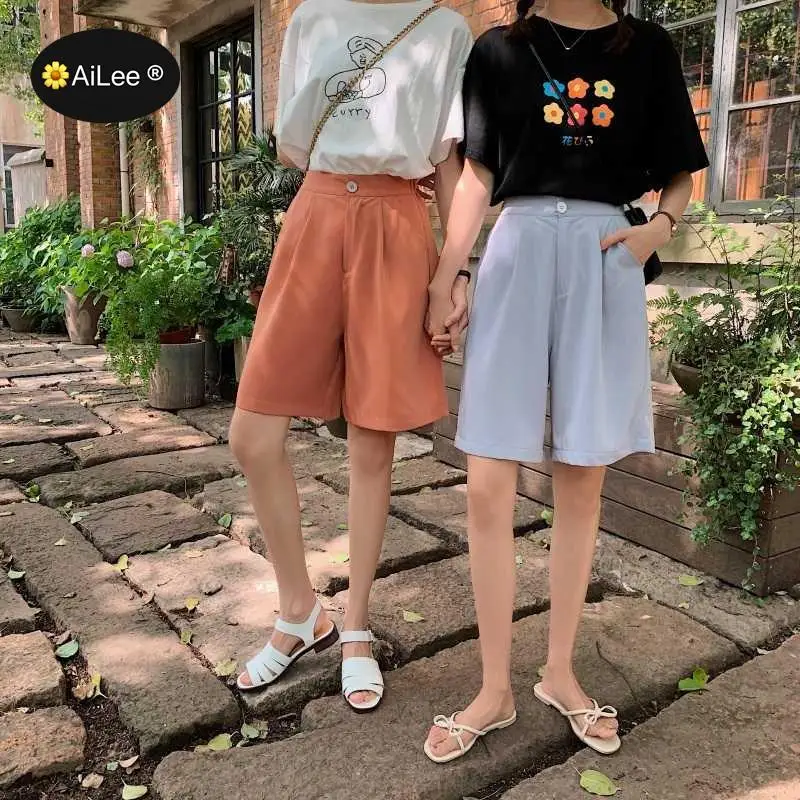 Fashion Half Long Shorts Women's Autumn Summer Bermuda High Waist Loose Five Points Knee Length Trouser Harajuku Wide Leg Shorts