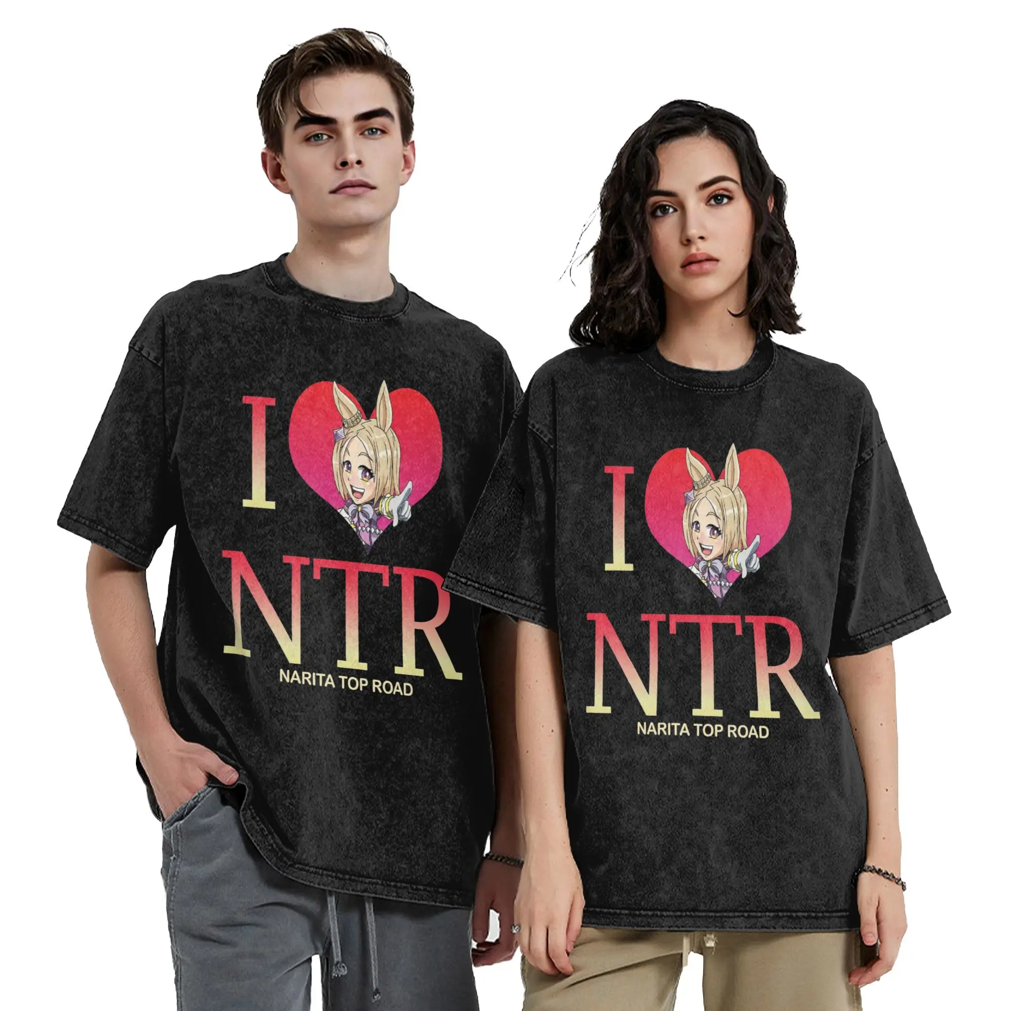 Фото Футболка Umamusume Pretty Derby I Love NTR в стиле хип-хоп, с эффектом потертости, с коротким рукавом, оверсайз, для мужчин и женщин, уличная одежда №4