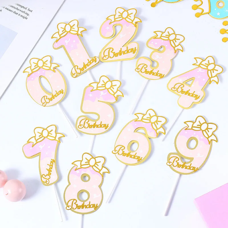 

Bow Number Insert Card Birthday Cake Topper Lovely Pink Cake Dessert Decorations Cupcake Baking Plugins Festive Party Supplies