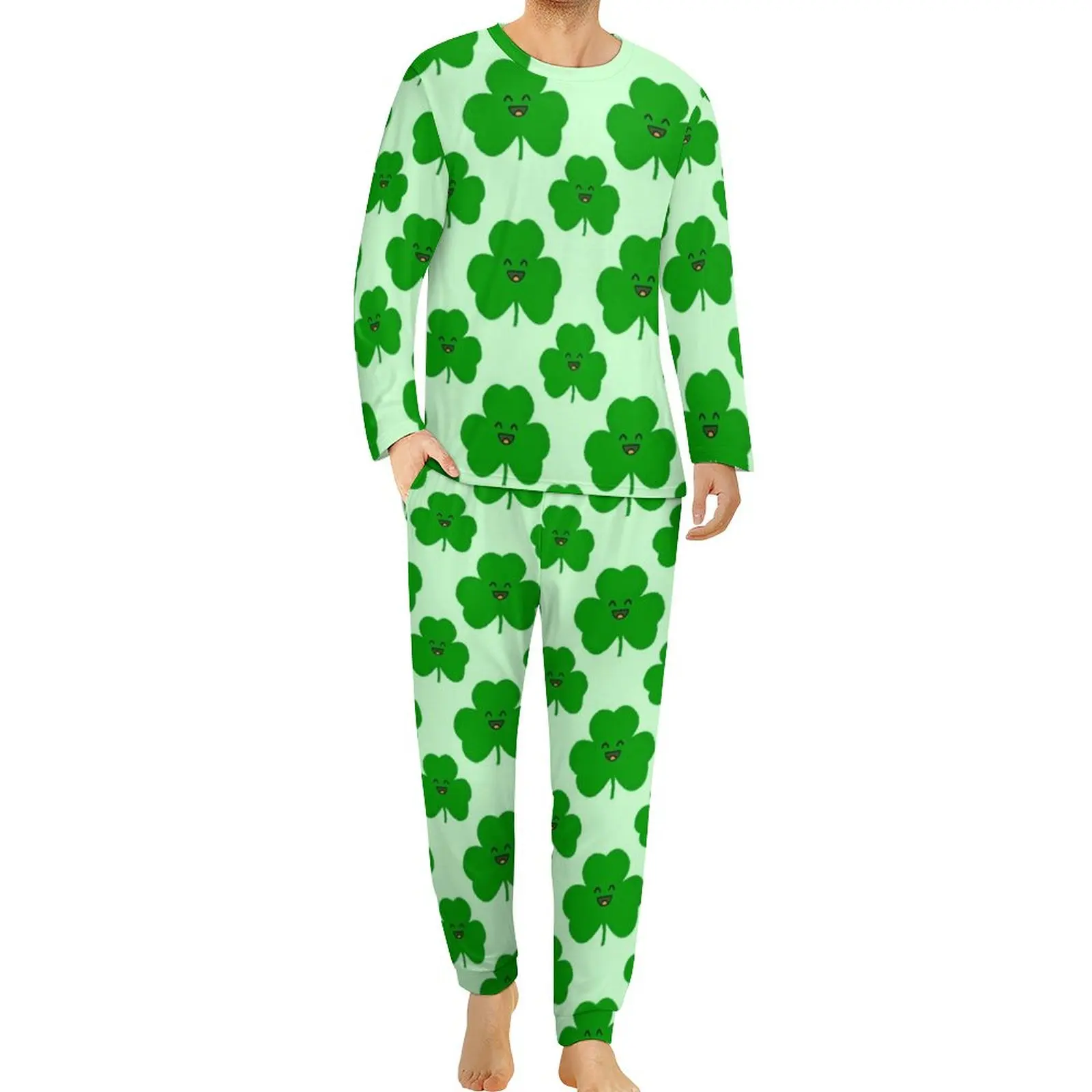 

Пижама Happy Shamrock Мужская, повседневная одежда для сна в спальню с мультяшным принтом листьев, из двух предметов, элегантный пижамный комплект большого размера с длинным рукавом на заказ