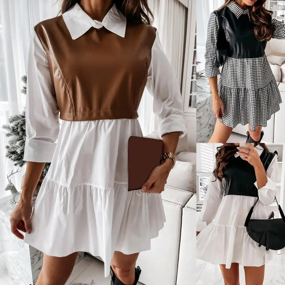 

Fashion Loose Women Long Sleeve Dress Mini Mini Dress Color Matching Shirt Collar Patchwork Dress