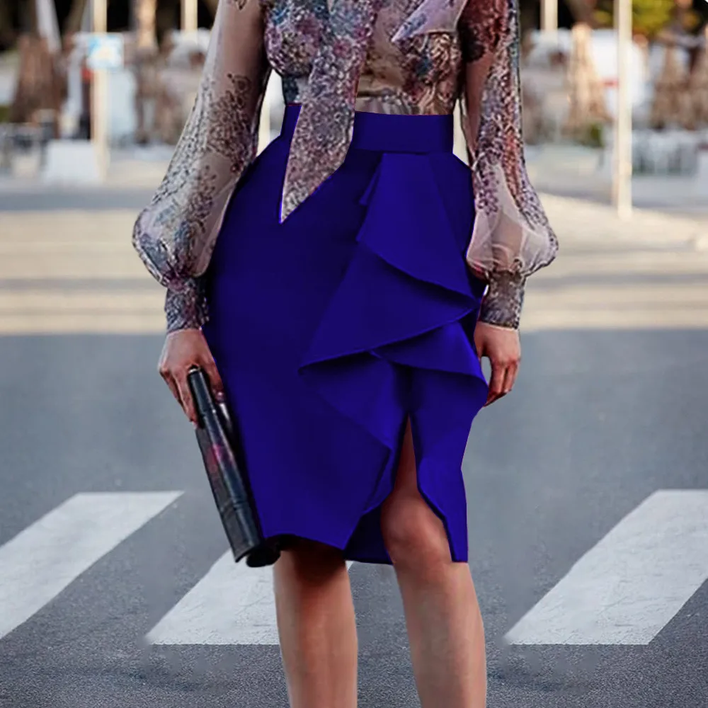 

Pre-listing OL Commuter Women Skirt Solid Color Ruffle Patchwork High Waist Pleated Slim Elegant Chic Summer Ladies Hip Skirt