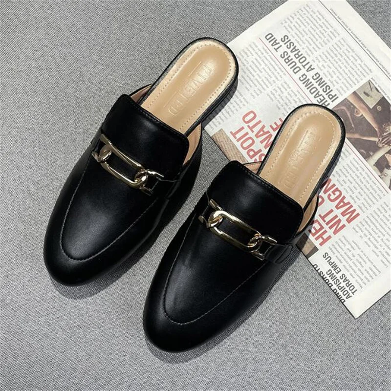 

Brand Designer Women Slippers Slip On Mules Flat Heel Casual Shoes British Buckle Slides Wooden Block Heels Summer Footwear