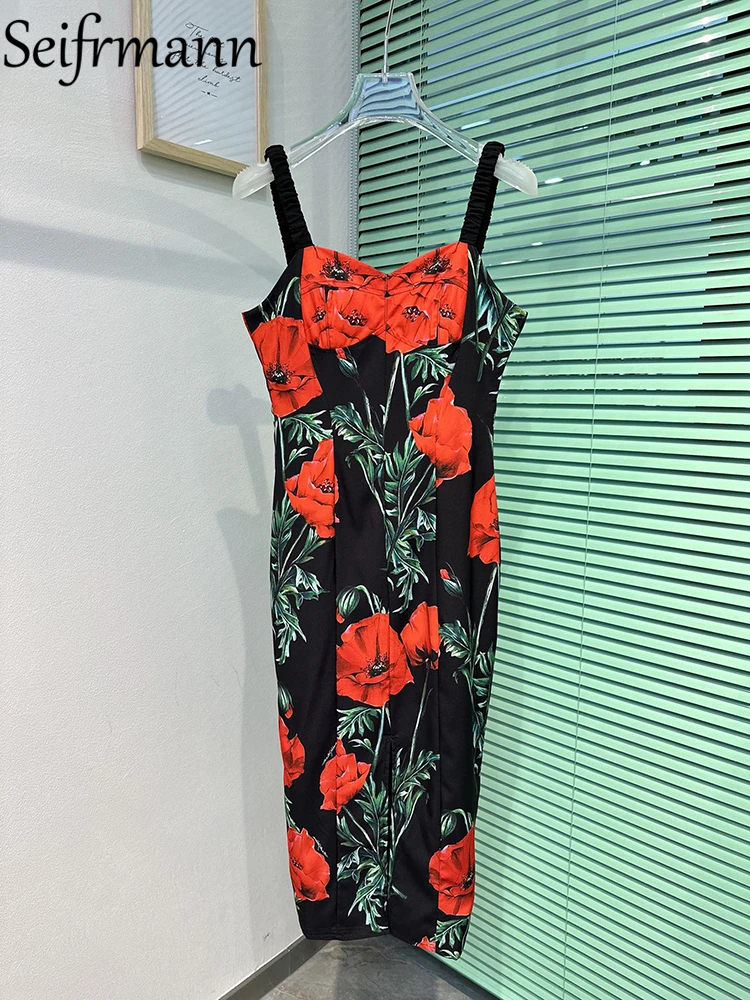 

Seifrmann High Quality Summer Women Fashion Designer Midi Dress Sexy Spaghetti Strap Safflower Printed Elegant Pencil Dresses